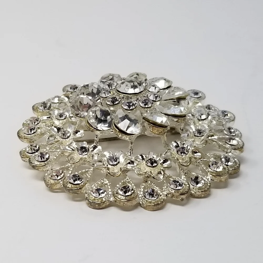 Large Clear Rhinestone Brooch Tiered Silver Tone Round 3D Flower Pin Teardrop